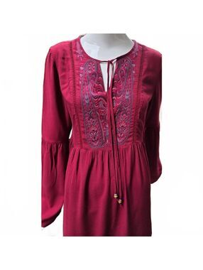 Ruby  Embroidered Boho Mini Dress Bell Steeve Peasant Tunic  XS  Rayon